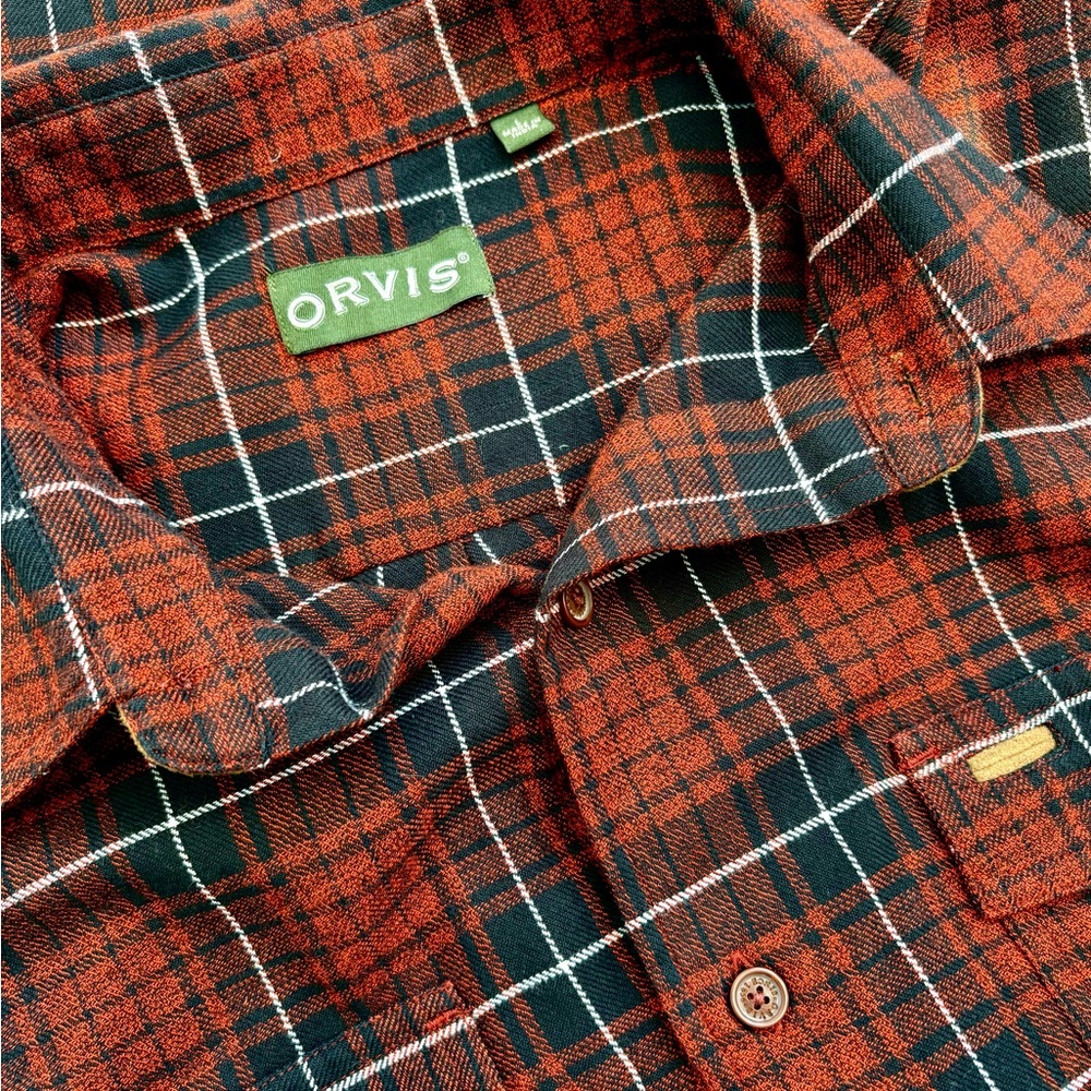 Orvis Men's Red and Black Plaid Shirt